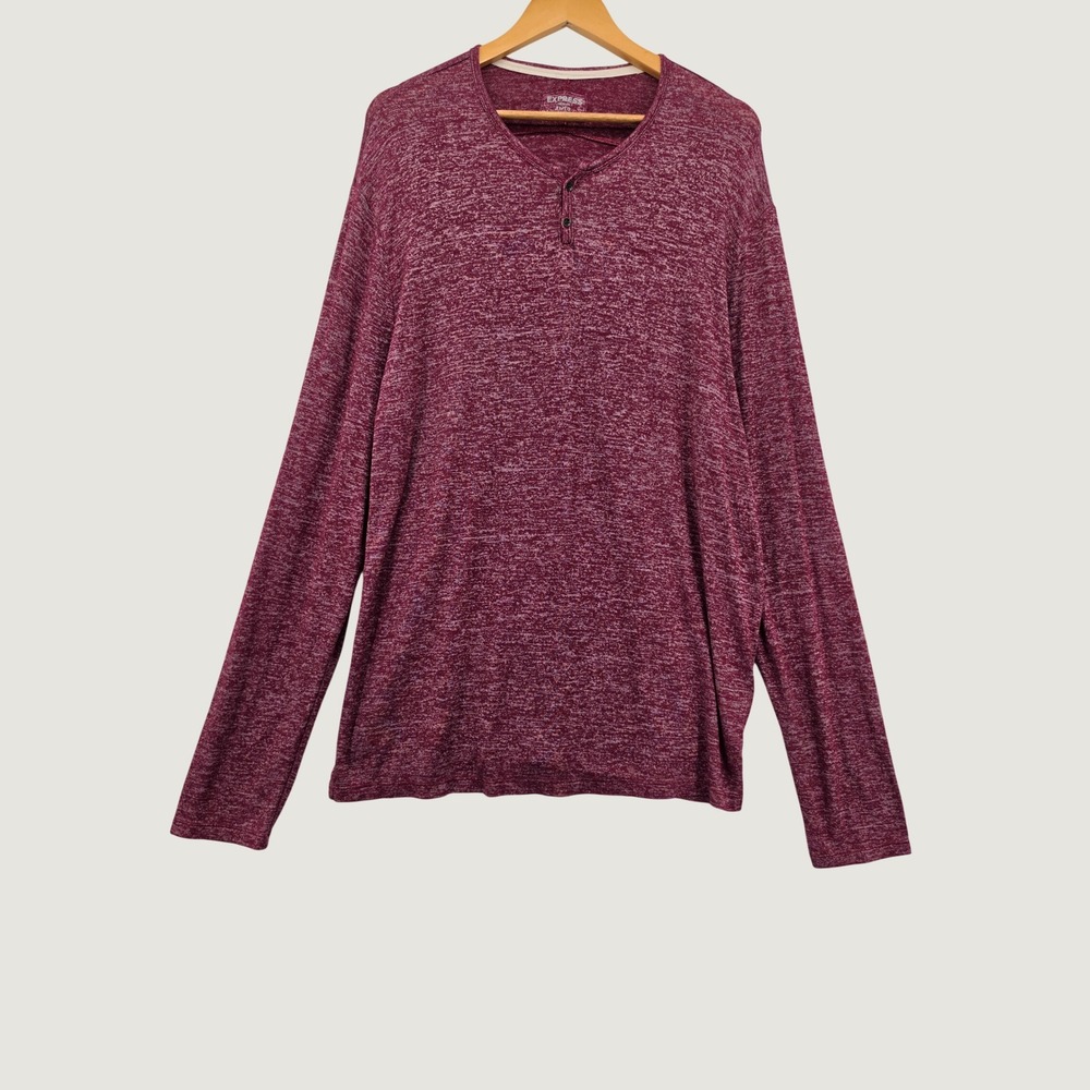 Express Henley Men XL Burgundy Marl Space Dye Long Sleeve Shirt Soft Stretch Top
